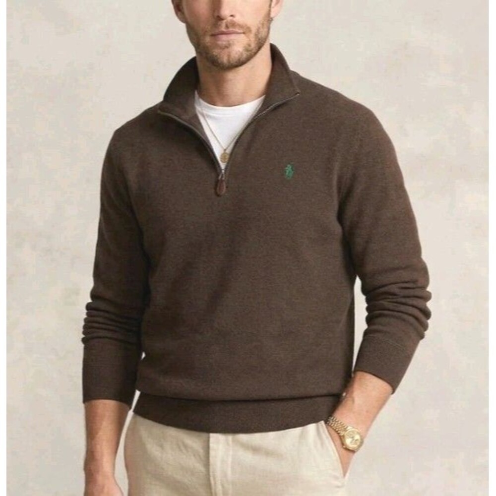 Polo Ralph Lauren Size L Quarter Zip Sweater Chocolate Brown 100% Cotton Pony